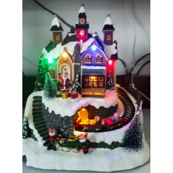 Christmas Village-Train Collective Building Decoration with Spinning Train With colored LED lights Santa Claus Sends A Gift,for Christmas Home Decor Display