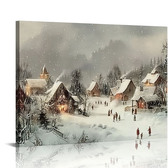 Christmas Village Wall Art, Rustic Christmas Tree Pictures for Wall Decor, Winter Snowy Canvas Artwork, Christmas Snowscape Painting for Festive Holiday Room Decor