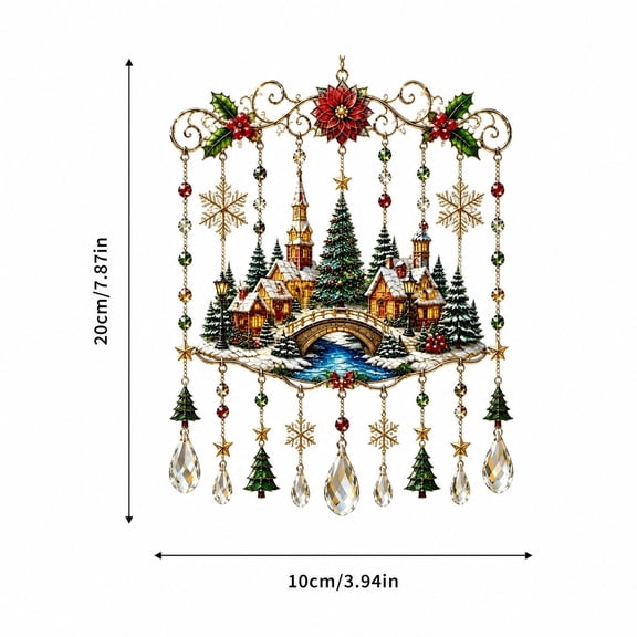 Christmas Village Wind Chime with Crystal Drops, Stunning Scrollwork Suncatcher with Winter Village Print, Cozy Holiday Hanging Decor for Window and Mantel Display