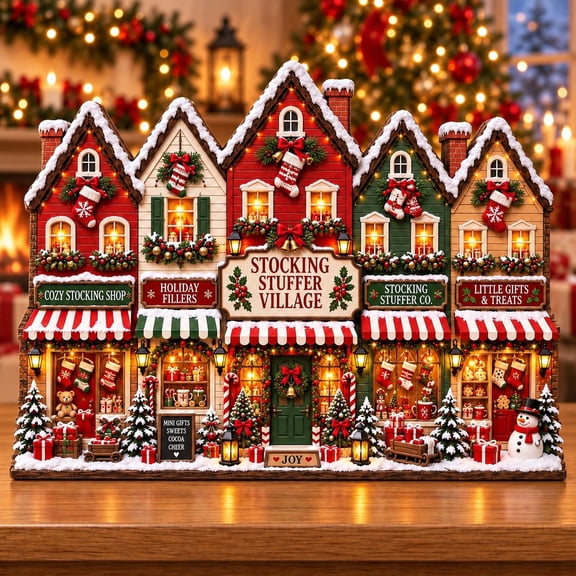 Christmas Village Wooden Block 3 Layer Stocking Shop Tabletop Display for Holiday Gifting