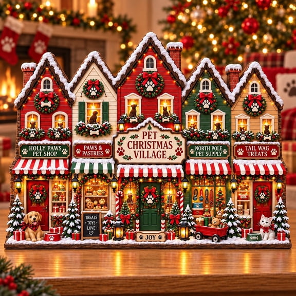 Christmas Village Wooden Block Animal Shop Tabletop Display for Pet Lovers