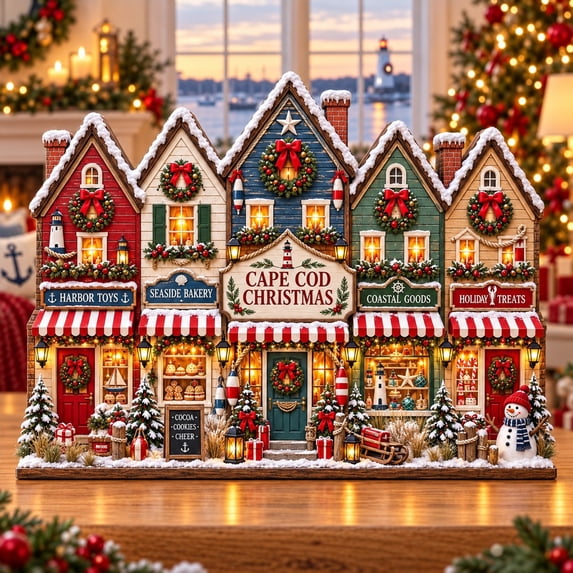 Christmas Village Wooden Block, Cape Cod Coastal Holiday Tabletop ...