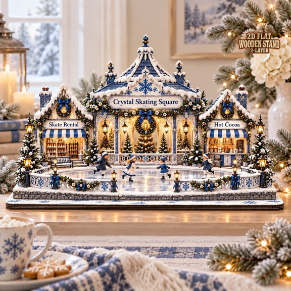 Christmas Village Wooden Block, Crystal Ice-Skating Square Tabletop Display for Winter Holiday Collectors