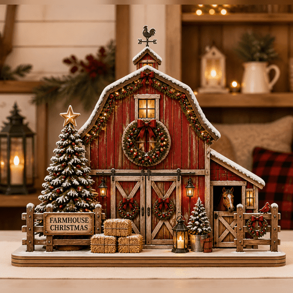 Christmas Village Wooden Block Decor Farmhouse Barn Wood Tabletop Display for Holiday Mantel
