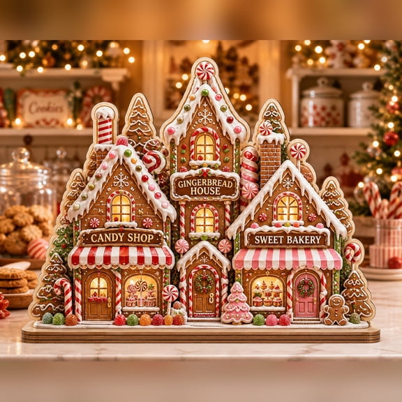 Christmas Village Wooden Block Decor Gingerbread House Wooden Tabletop Display for Holiday Gifting