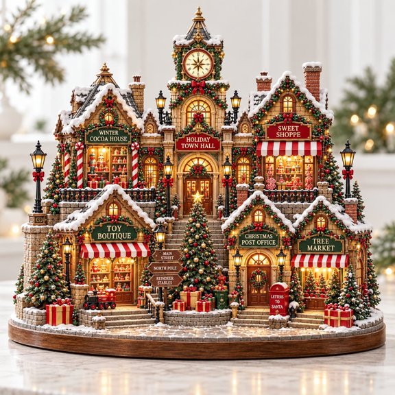 Christmas Village Wooden Block Decor, Holiday Town Hall Display, Rustic Winter Mantel Ornament, Festive Tabletop Gift Decor