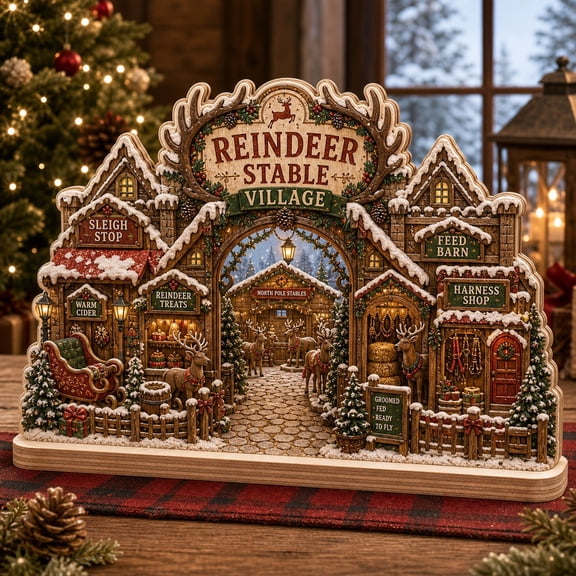 Christmas Village Wooden Block Decor Reindeer Stable Wood Tabletop Display for Holiday Mantel
