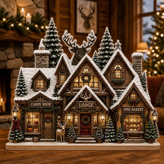 Christmas Village Wooden Block Decor Rustic Lodge Woodland Scene Wood Tabletop Display for Holiday Mantels