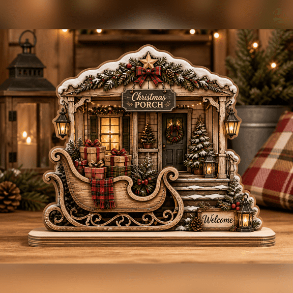 Christmas Village Wooden Block Decor Rustic Sleigh Porch Wood Tabletop Display for Farmhouse Holiday