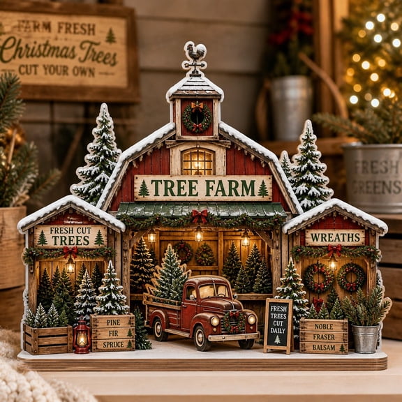 Christmas Village Wooden Block Decor Tree Farm Stand Wood Tabletop Display for Holiday Mantel