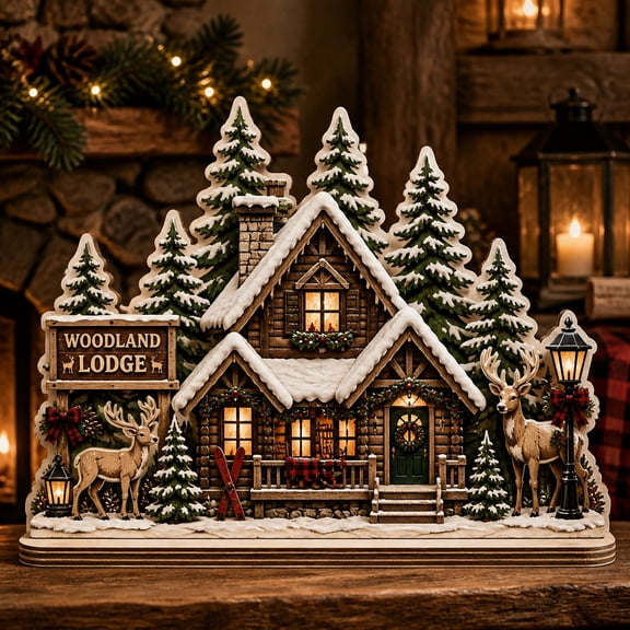 Christmas Village Wooden Block Decor Woodland Cabin Wood Tabletop Display for Rustic Holiday Homes