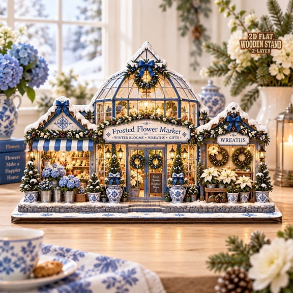 Christmas Village Wooden Block, Frosted Flower Market Greenhouse Tabletop Display for Holiday Collectors