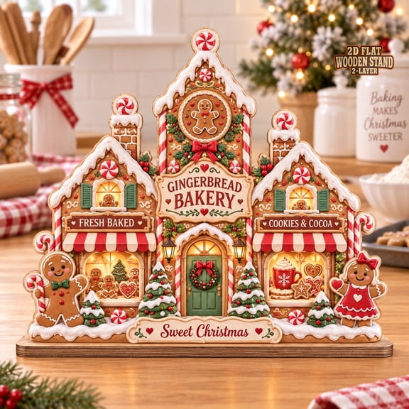 Christmas Village Wooden Block, Gingerbread Cookie Bakery Tabletop Display for Holiday Hosts
