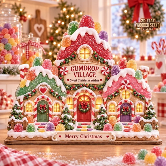 Christmas Village Wooden Block, Gumdrop Candy Cottage Tabletop Accent for Holiday Collectors