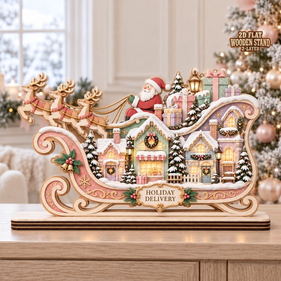 Christmas Village Wooden Block, Pastel Santa Sleigh 2-Layer Tabletop Display for Holiday Gifting