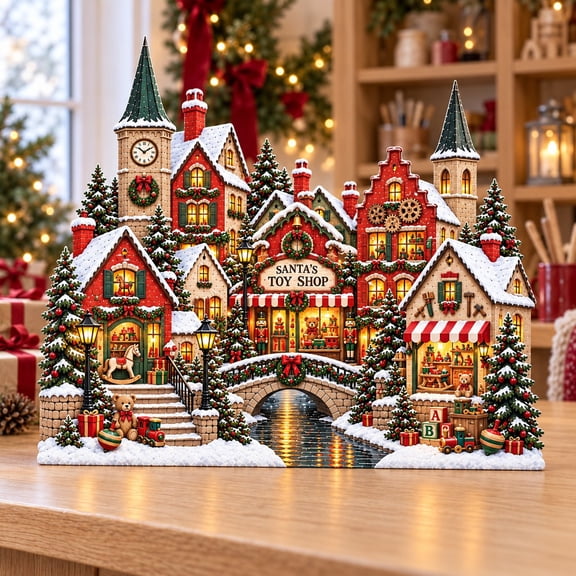 Christmas Village Wooden Block Santa Toy Shop Three-Layer Tabletop Display for Holiday Mantels