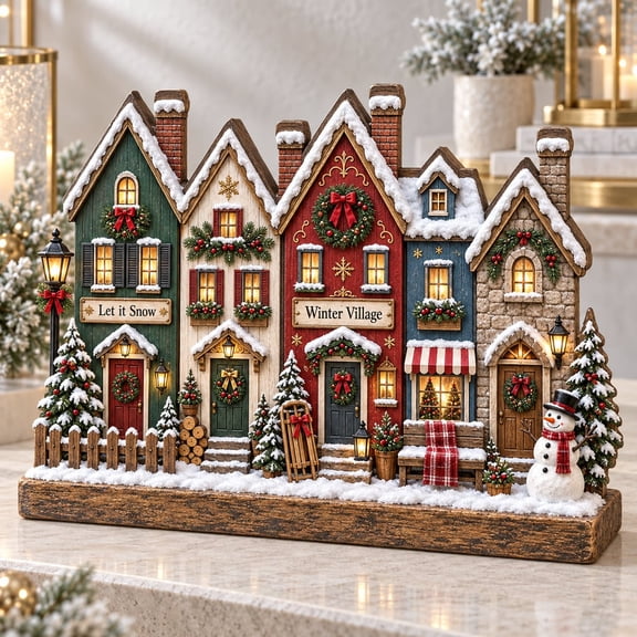 Christmas Village Wooden Block, Snowy Winter Rustic Tabletop Decoration for Holiday Home Decor