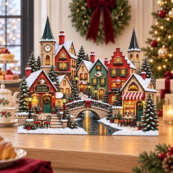 Christmas Village Wooden Block, Three Layer Tea Shop Tabletop Display for Holiday Hosts