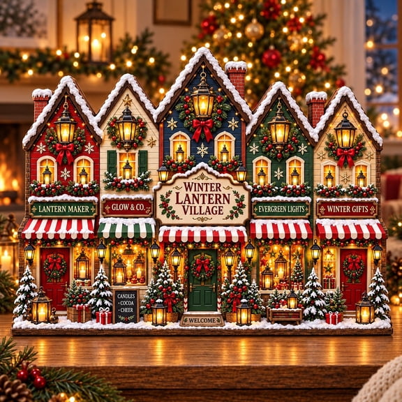 Christmas Village Wooden Block, Three Layer Winter Lantern Scene for Mantel Holiday Display