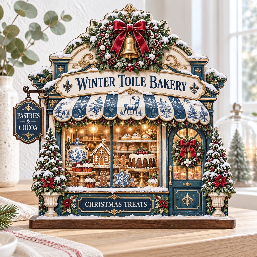 Christmas Village Wooden Blocks, Blue White Wood Shelf Sitter Holiday ...