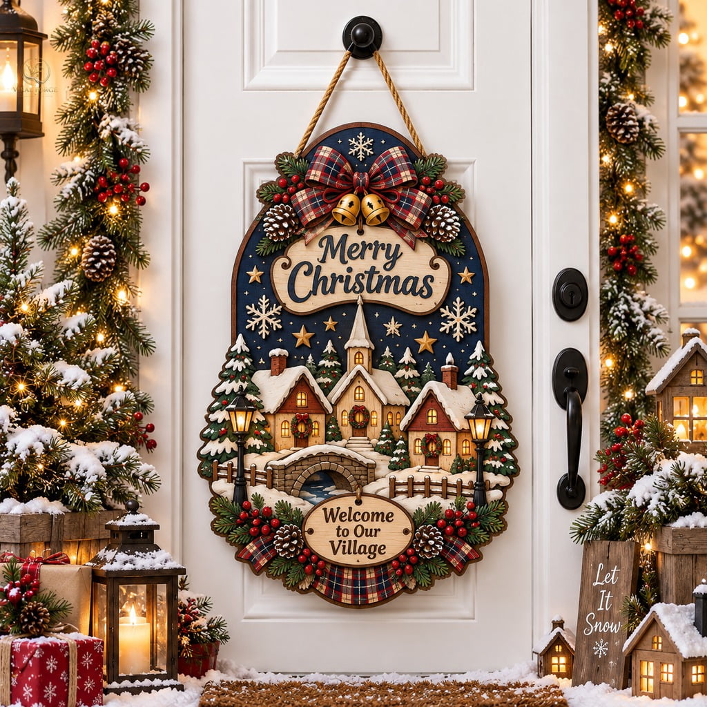 Christmas Village Wooden Door Sign Snowy Cottage Scene for Front ...