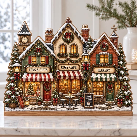 Christmas Village Wooden Stand Snowy Holiday Houses Decor for Shelf