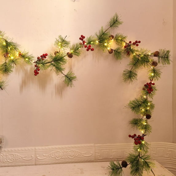Christmas Vine Light String with Pinecones, Bells & Berries, 10FT Plug-in Indoor Decor for Mantle, Staircase and Wall,D