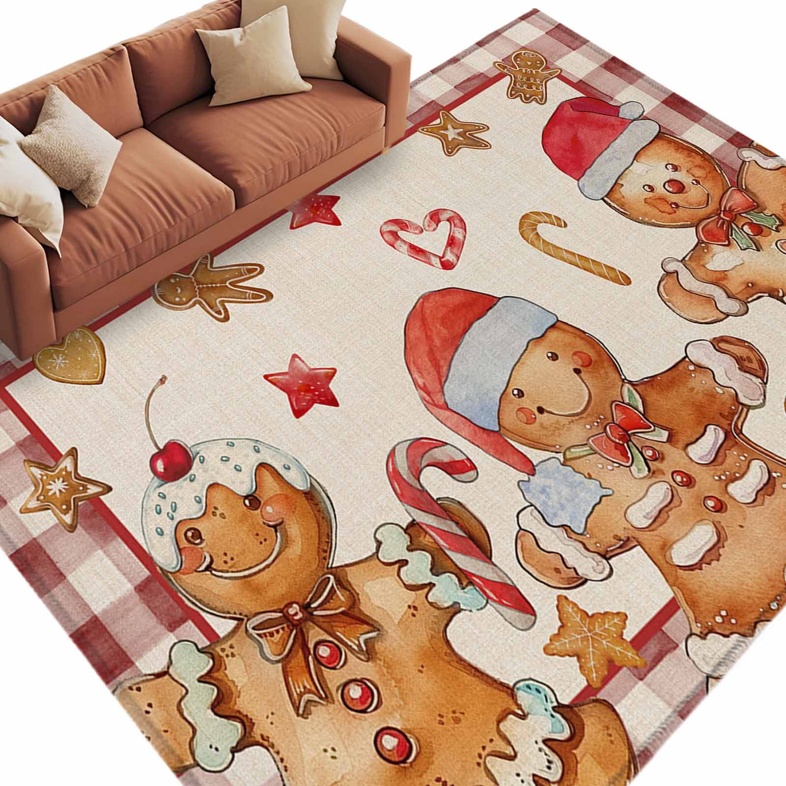 Christmas Vintage Area Rug 5x8ft Gingerbread Man Red Plaid Non-Slip ...