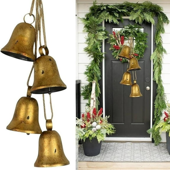 QHUDLV Decorative Bells, 4-Piece Set of Harmonious Bells, Vintage Handmade and Rustic Lucky Christmas Bells Hanging on a Rope