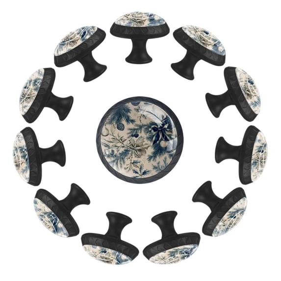 Christmas Vintage Branches Snowflakes Seamless Pattern 35MM Round Glass Cabinet Knobs, Kitchen Knobs for Drawer Dresser Cupboard Wardrobe Modern Pulls Handles Hardware, Set of 12