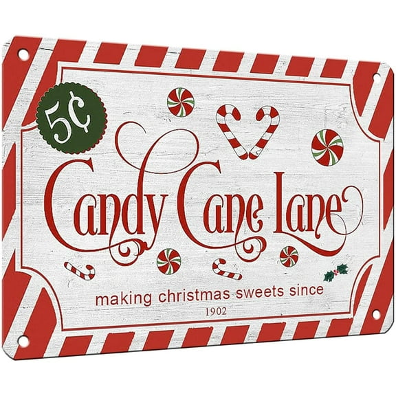 Christmas Vintage Candy Cane Lane Sign Wall Decor 12x8 inch Retro Metal Red Christmas Striped Sign Plaque