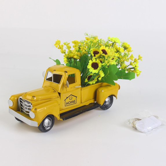 Christmas Vintage Flower Arrangement Truck Ornament, Farmhouse Rustic Metal Texture Truck Planter Retro Truck Decor, Rustic Vintage Truck Car Decorations Tabletop Decorative