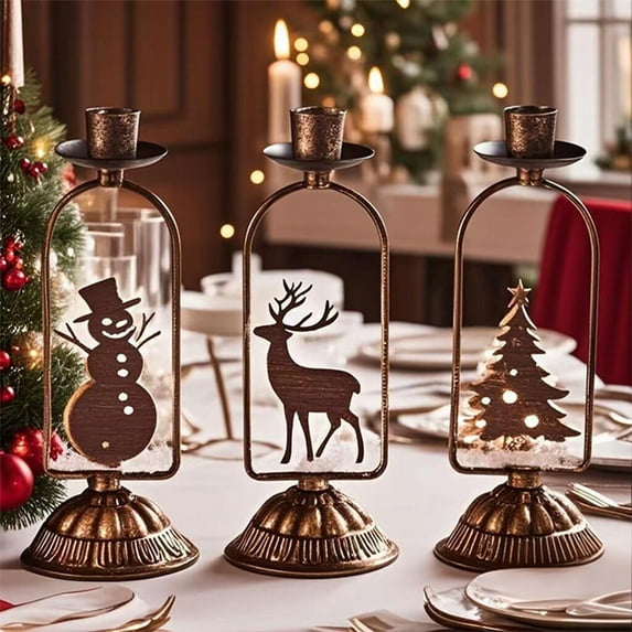 Christmas Vintage Iron Candle Holder Brass Gold Candle Stick Holders Festive Iron Candle Tray With Unique Gold Tree,Reindeer & Snowman Design for Wedding Table Centerpiece Home Decoration