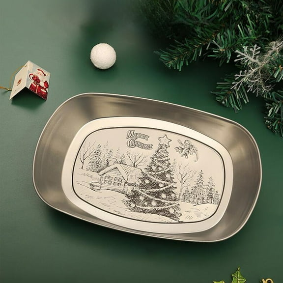 Christmas Vintage Iron Tray Rectangular Tinplate Serving Platter with Snowy Tree Reindeer Design for Snack Dessert Holiday Table Dcor,10x6.2x1.1in