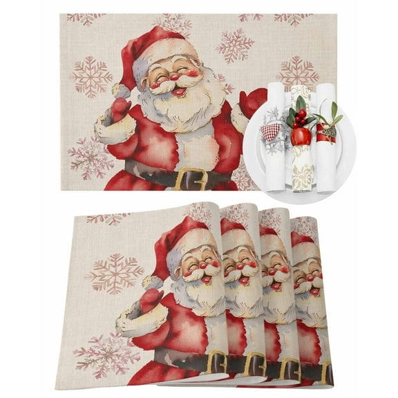 Christmas Vintage Placemats Set of 12 Santa Claus Snowflakes Linen Background Heat Insulation Washable Place Mats, Rustic Non-Slip Table Mats for Dining Table Party Kitchen Decor,13x19 Inch