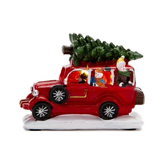 Christmas Vintage Red Truck LED Light Decor,Holiday Truck Collectible Figurine Sculpture Table Decor,Red Car and Christmas Tree Resin Ornament for Home,Table,Garden,Bar,Bookshelf,Fireplace