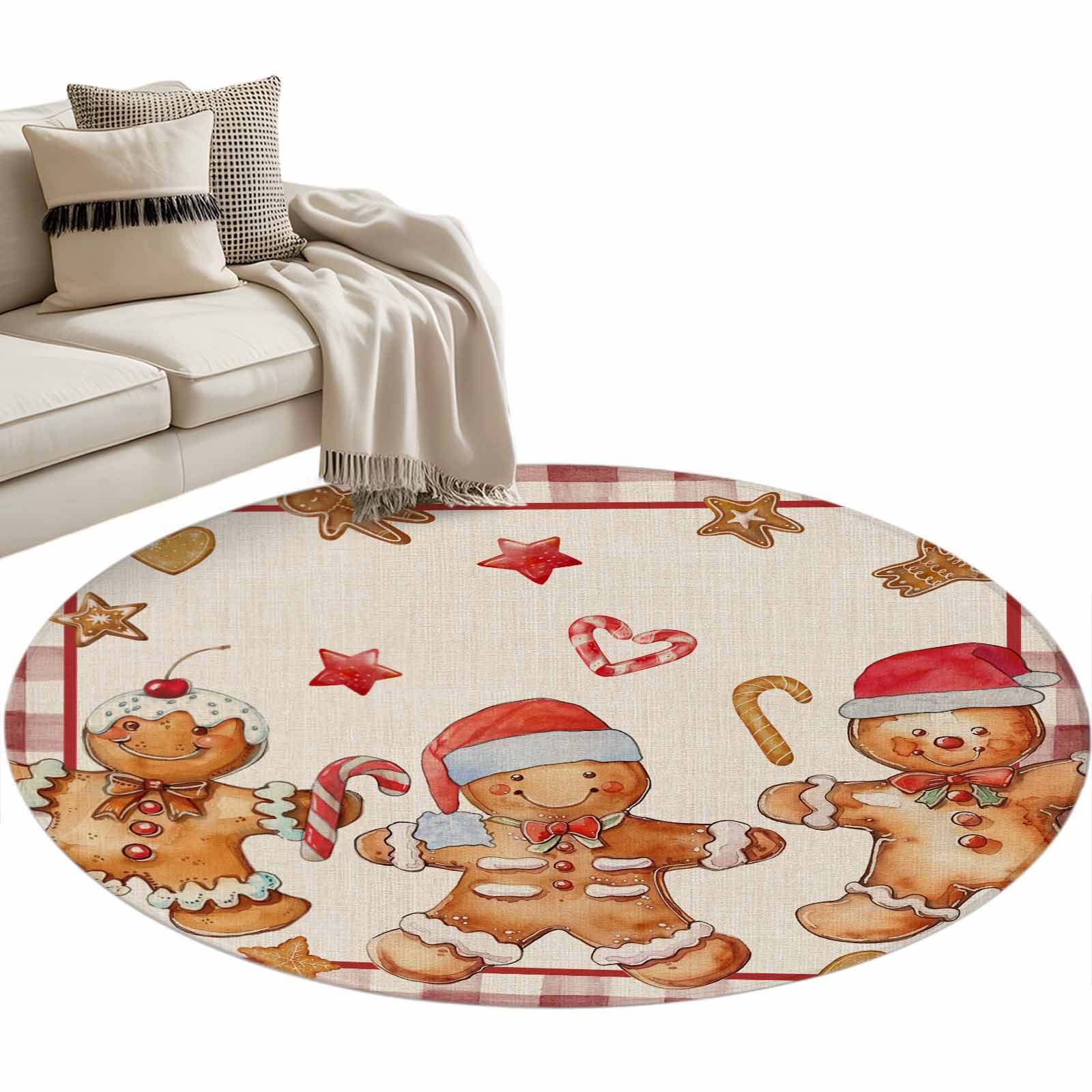 Christmas Vintage Round Area Rug 4ft Gingerbread Man Red Plaid Non-Slip ...