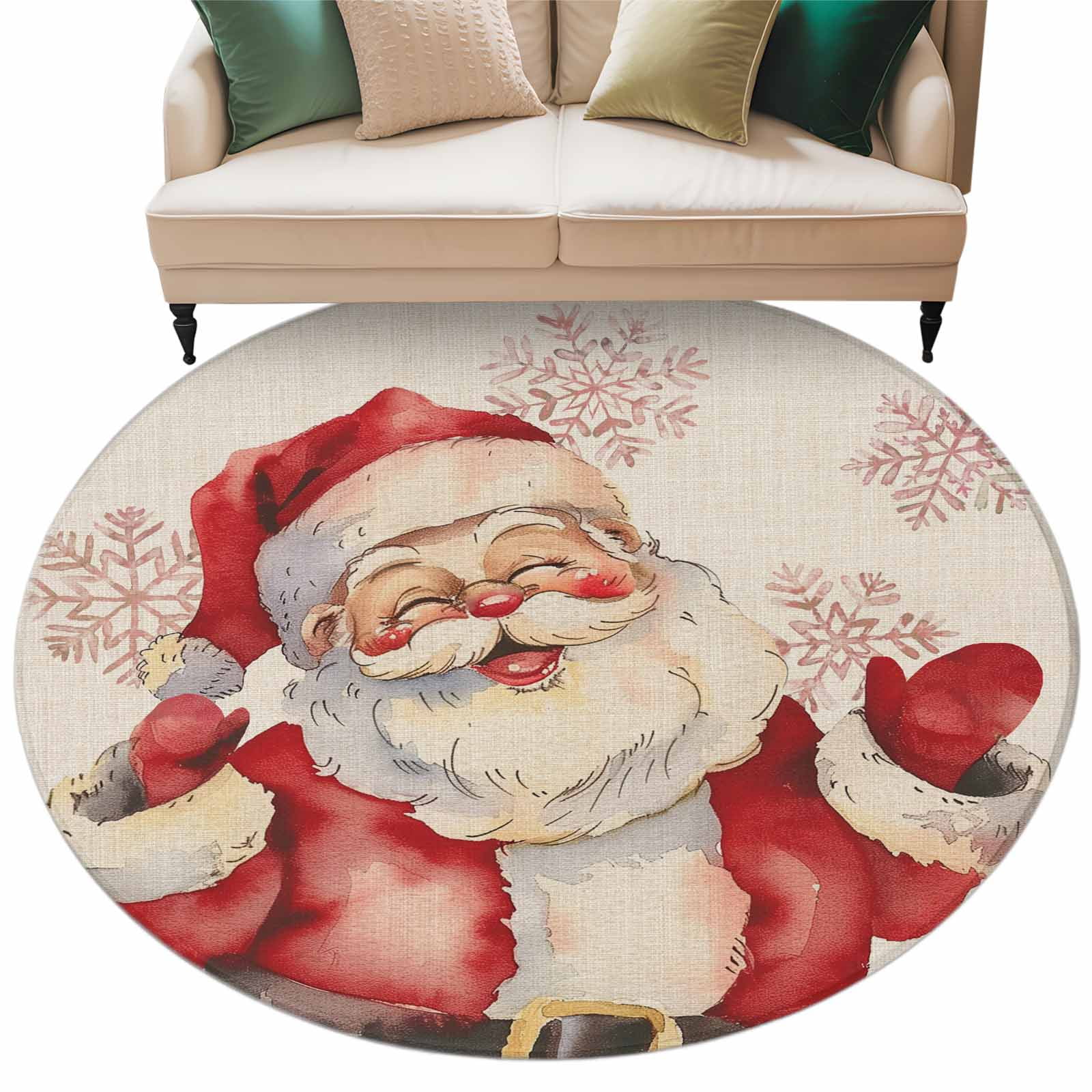Christmas Vintage Round Area Rug 5ft Santa Claus Snowflakes Linen ...