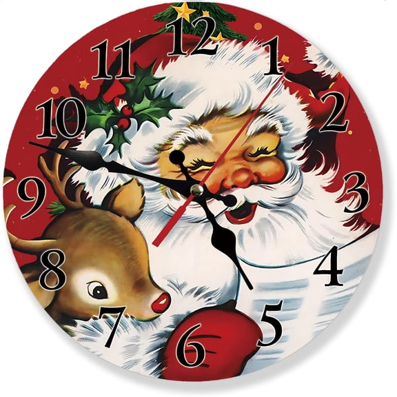 Christmas Vintage Santa Claus and Reindeer Wall Clock, Silent Non Ticking Round Wall Clock 12 Inch, Battery Operated, Decorative Clock for Adult Living Room Bathroom Bedroom Office Kids Room