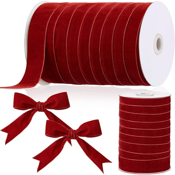 Christmas Vintage Velvet Ribbon Single Face Spool Satin Velvet Ribbon for Christmas Wreath Decoration DIY Bow Craft Gift Wrapping (Burgundy, 3/8 Inch, 60 Yard)