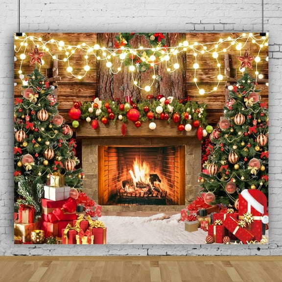 Christmas Vinyl Backdrop Xmas Fireplace Photography Background for Home Party Decor 7x5ft Christmas Tree Photo Studio Backdrops