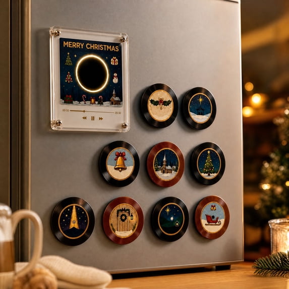 Christmas Vinyl Player Fridge Record Magnet Music Player Set Mini Magnetic Music Box Refrigerator Jingle Magnet 9 Vinyl Style Discs NFC Acrylic Frame Audio