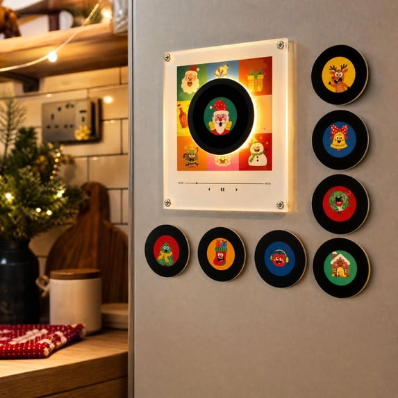 Christmas Vinyl Player Fridge Record NFC Magnetic Music Box Set Mini Jingle Magnets Refrigerator Audio with 9 PCS Programmable Playback Christmas Decor and Gifting
