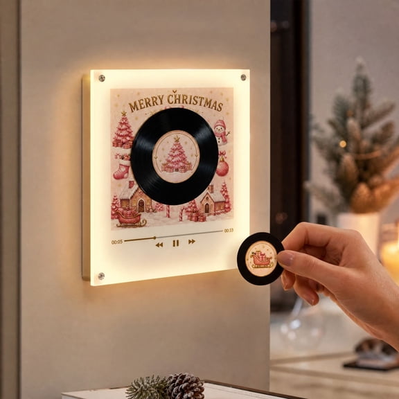 Christmas Vinyl Record Player with Magnetic Fridge Adapter,NFC Music Box Set with Rotating Disc Night Light,Creative Holiday Desk Decor