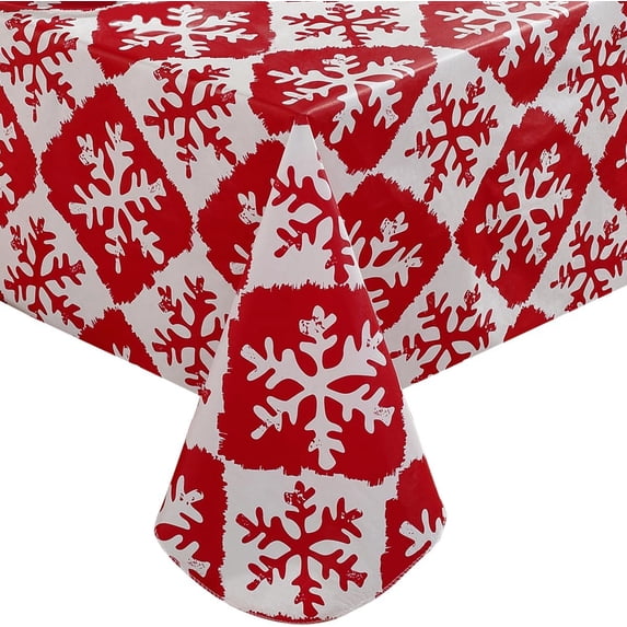 Christmas Vinyl Tablecloth with Flannel Backing Rectangle 60 x 102 Inch, Snowflake Waterproof Wipeable Plastic Table Cloth,Heavy Duty Table Cover for Xmas Winter New Year Holiday Dinner,Red