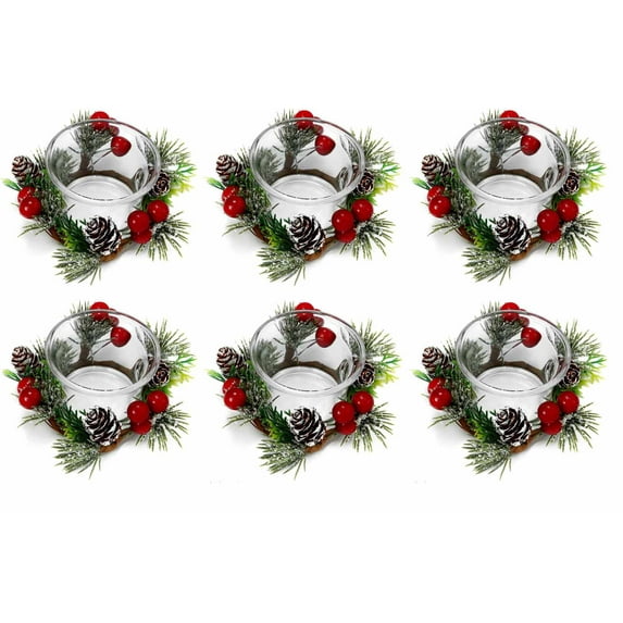Christmas Votive Candle Holders with Pinecone Berry Candle Wreath Ring, Decorative Glass Tealight Candle Holder Set of 2/4/6/for Home, Wedding, Living Room and Bedroom Decor(Exclude Candles)