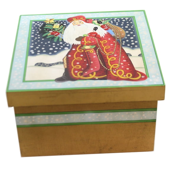 Christmas Winter Santa W/ Tree Lidded Box Wood Snowfall Bag Of Gifts 87658