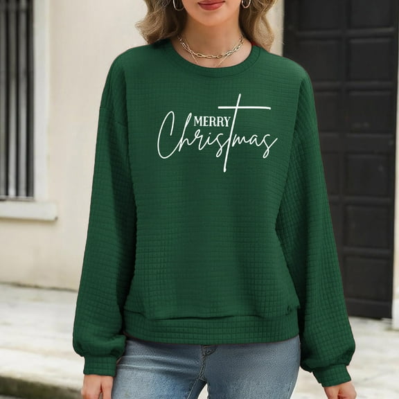 Christmas Waffle Sweatshirts for Womens Loose Crewneck Long Sleeve Shirts Christmas Merry Printed Sweaters Casual Fashion Xmas Holiday Party Pullover Tops