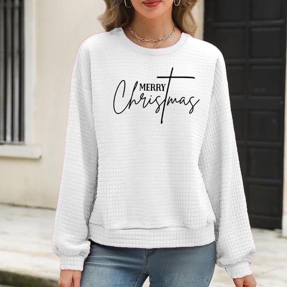 Christmas Waffle Sweatshirts for Womens Loose Crewneck Long Sleeve Shirts Christmas Merry Printed Sweaters Casual Fashion Xmas Holiday Party Pullover Tops