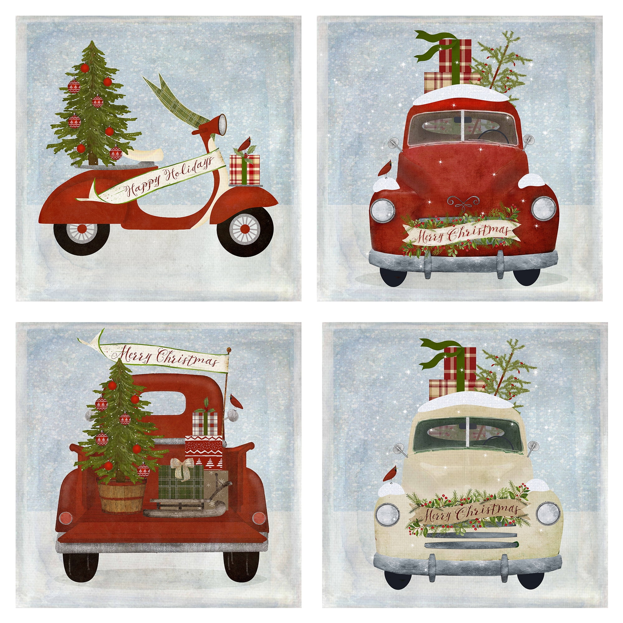 Christmas Wagon, Christmas Scooter and Christmas Trucks by Beth Albert Christmas Canvas Art Print Set of 4